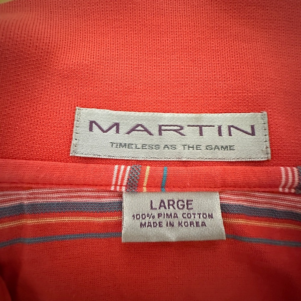 Martin Polo Shirt Men Orange Stripe Short Sleeve Pima Golf Athleisure Dadcore L - Picture 4 of 5